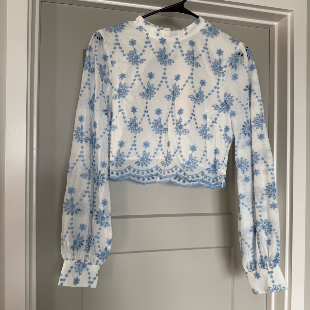 Aqua Blue Floral Embroidered Blouse and Shorts